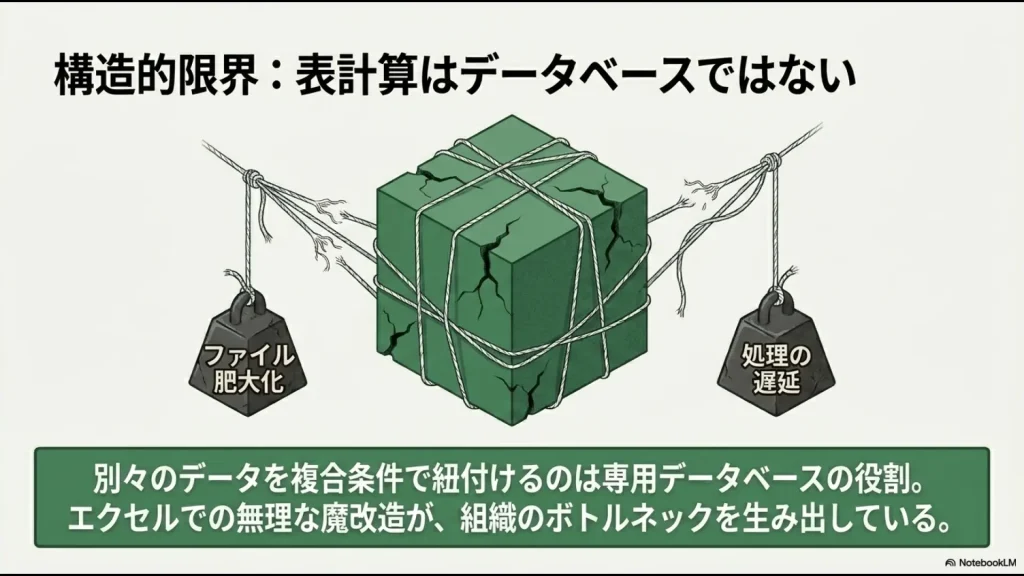 複雑に縛られたエクセルの塊に「ファイル肥大化」「処理の遅延」という重りがついている、データベースではない表計算ソフトの限界を示すイメージ