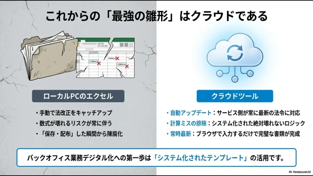 手動アップデートが必要なエクセルと、自動で最新法令に対応するクラウドツールの違いをまとめた比較図