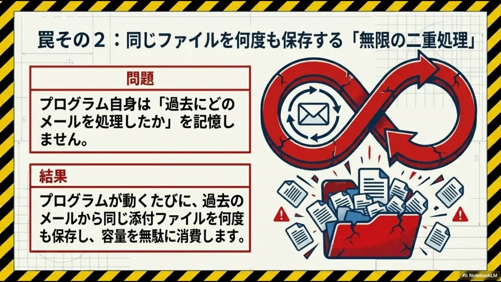 1回の処理が6分を超えるとプログラムが強制終了し、進捗が不明になる問題の解説図