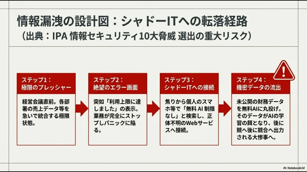 会議直前のプレッシャーからエラーに遭遇し、無料AIへ機密データを投げ込んでしまう情報漏洩の転落経路