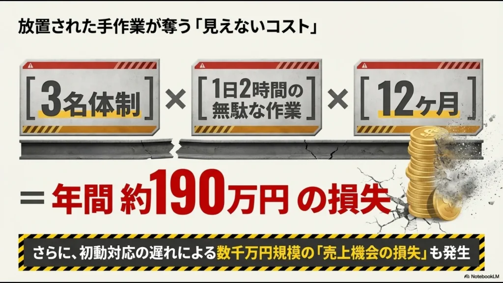 3名体制で1日2時間の無駄が、年間190万円の人件費ロスと数千万円の機会損失につながることを示す図
