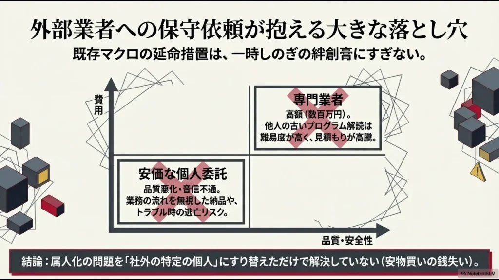 安価な個人委託によるトラブル逃亡リスクと、専門業者による数百万規模の高額見積もりを比較したリスクマトリクス。