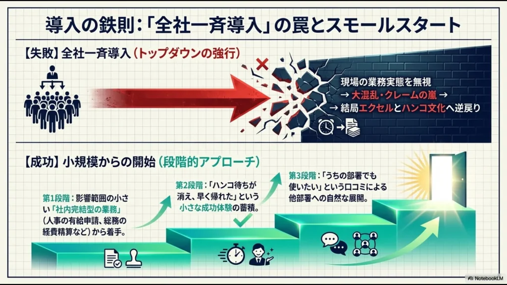 全社一斉導入による大混乱を避け、社内完結業務から始めて成功体験を口コミで広げる「スモールスタート」の3段階ステップを示しています。