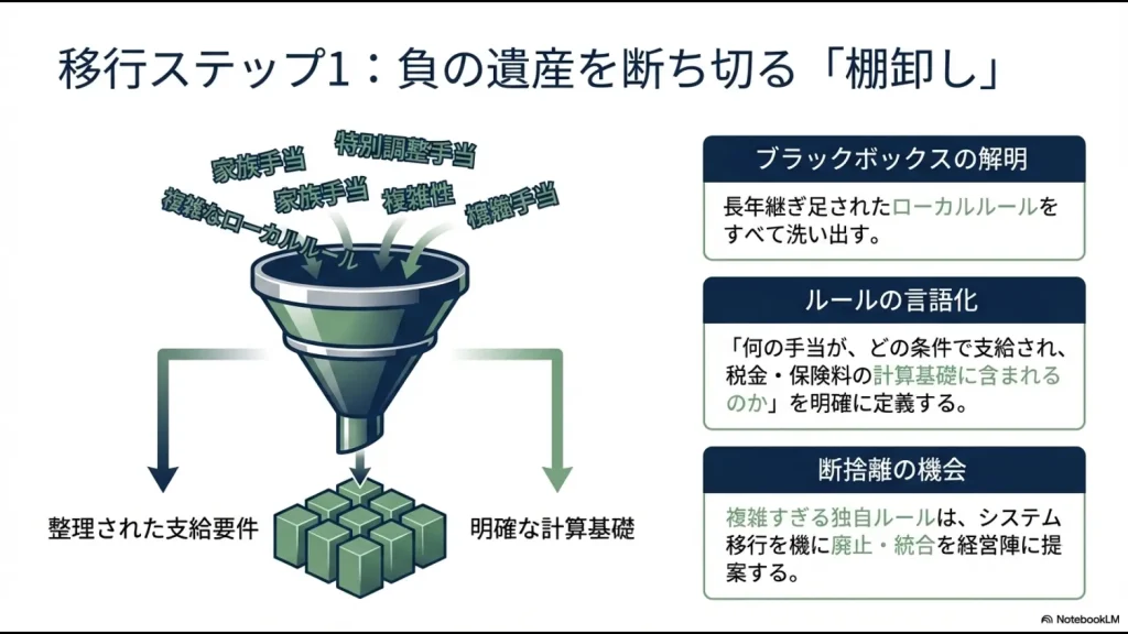 複雑なローカルルールや手当を整理し、支給要件と計算基礎を言語化・断捨離するプロセスの図解