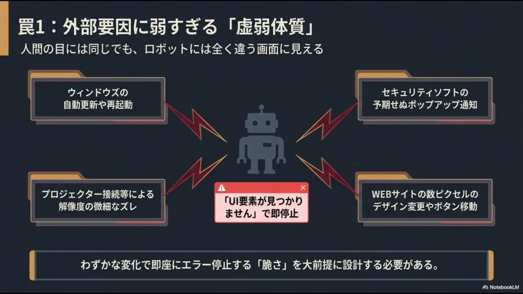 Windows更新や解像度変更、ポップアップ通知等でRPAが停止する原因を示す図解