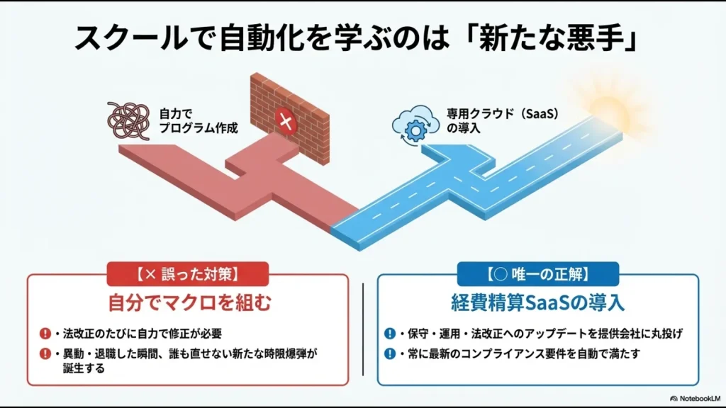 誤った対策としての「自分でマクロを組む」ことと、唯一の正解としての「SaaS導入」を比較した図