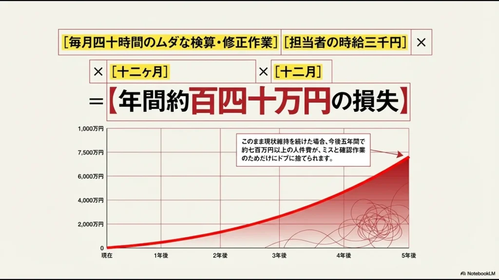 エクセルでの検算・修正作業により、年間約140万円、5年間で700万円以上の人件費が損失することを示すグラフ