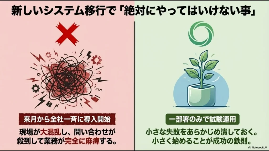 全社一斉導入による大混乱と、一部署での試験運用による成功の違いを比較した図。