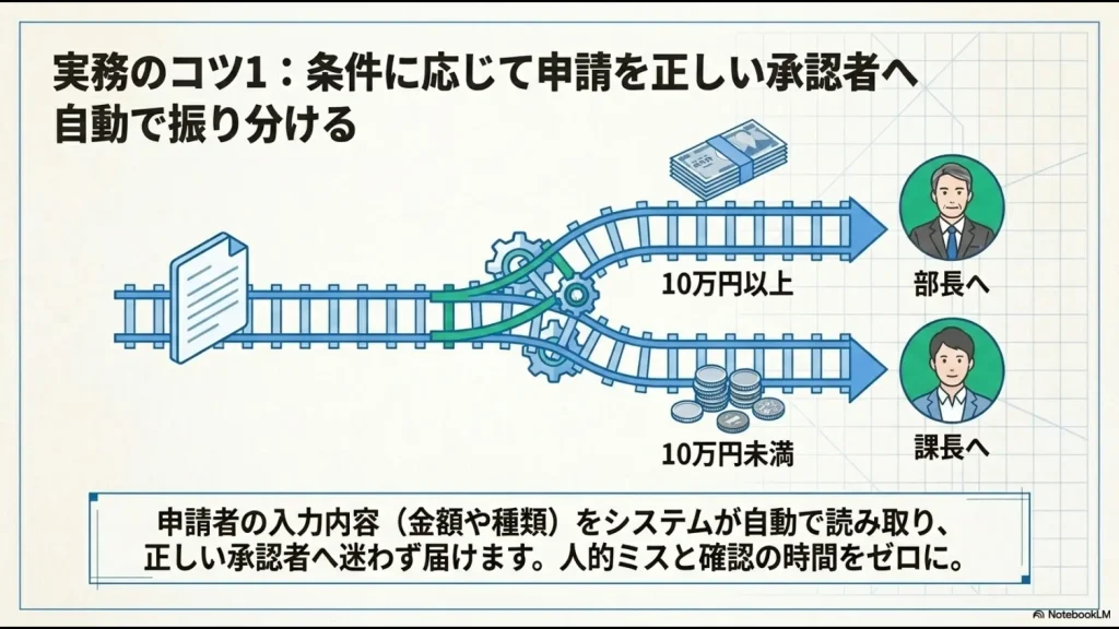 申請金額10万円を境に、システムが自動で課長または部長へ承認を振り分ける仕組みの図解