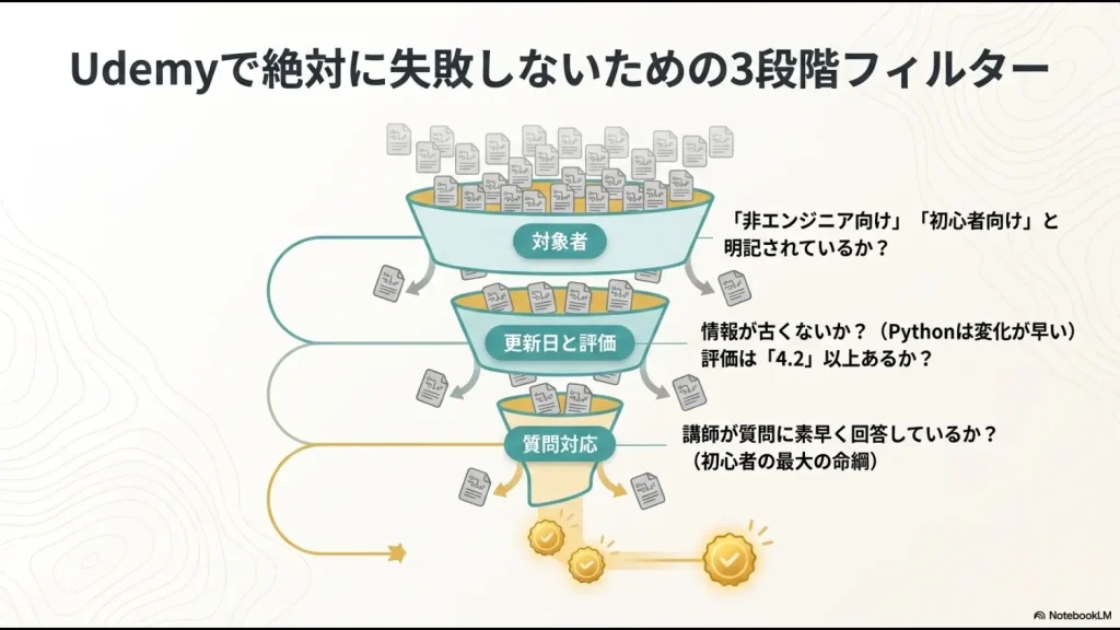 対象者の明記、更新日と評価（4.2以上）、講師の質問対応の速さという3つの基準で、良質なUdemy講座を見極めるフィルターの図。