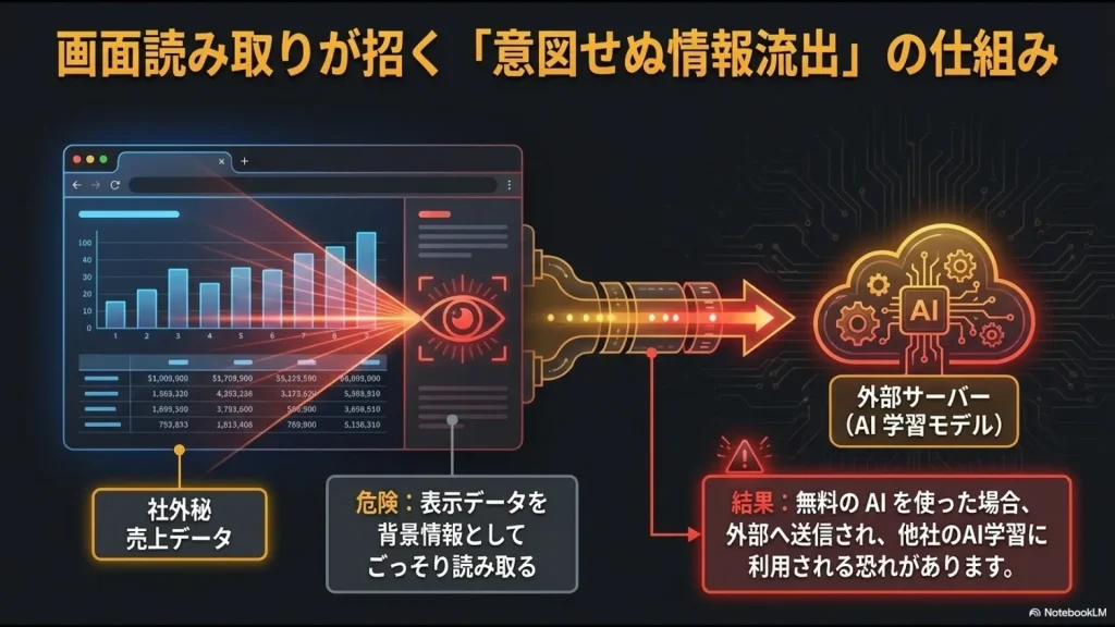 画面上の売上データなどの社外秘情報が、背景情報として外部サーバーのAI学習モデルに送信されるリスクの解説図