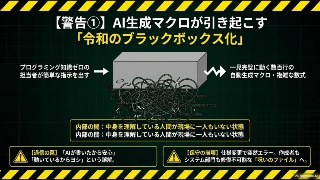 中身を理解しないまま自動生成された複雑なマクロが、仕様変更で修復不能になるリスクを警告するイメージ