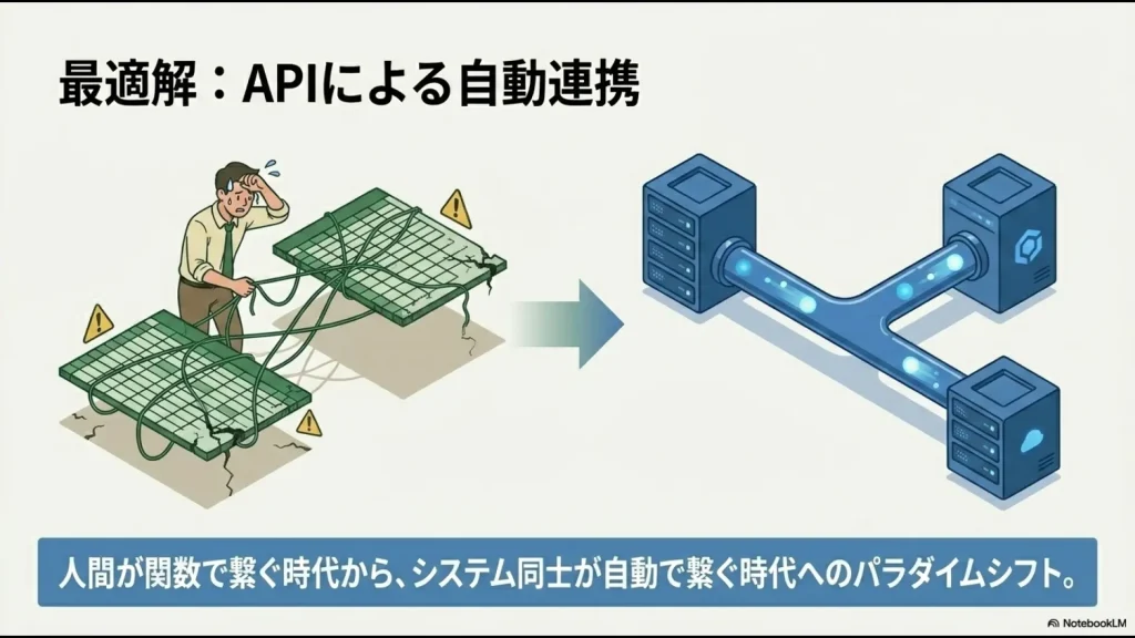 複雑に絡まった糸を繋ぐ人間から、パイプの中をスムーズにデータが流れるAPI自動連携への変化を描いた比較図