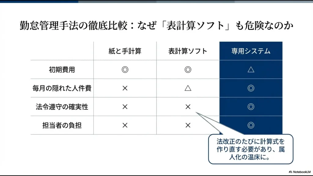 紙、Excelなどの表計算ソフト、専用システムの3手法を初期費用や法令遵守の確実性などの項目で比較し、専用システムの優位性を示す表