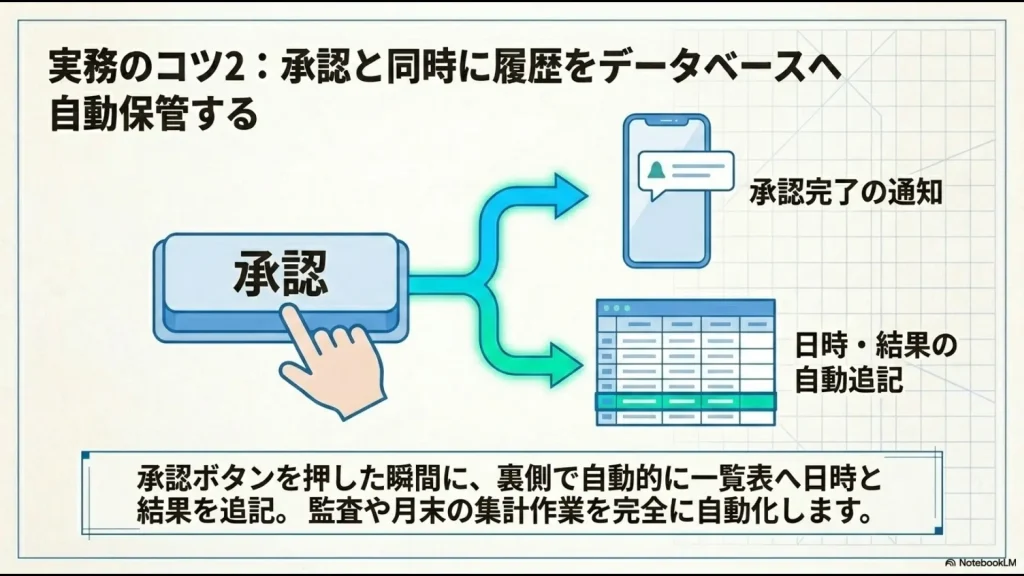 承認ボタンを押した瞬間に、裏側のSharePointリスト等へ日時や結果が自動追記される仕組みの図解