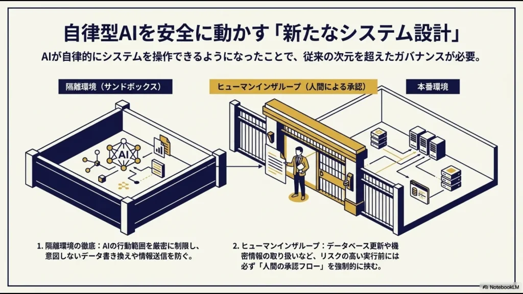 隔離環境（サンドボックス）でのAI実行と、本番環境への反映前に人間が承認するヒューマンインザループの仕組み。