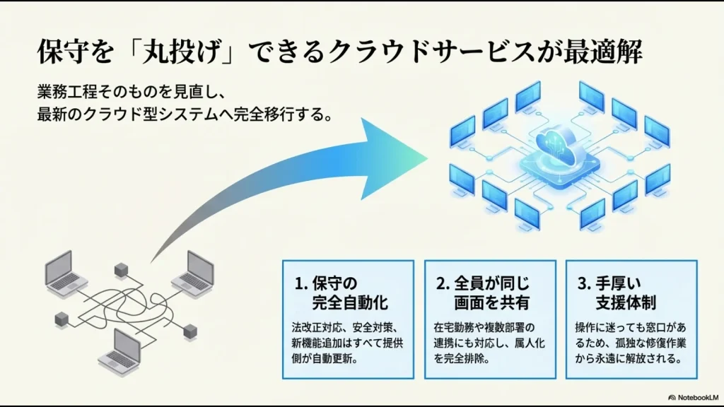 クラウドシステムへ完全移行することで、保守の自動化、画面共有、手厚い支援体制を手に入れ、属人化を完全排除するイメージ。