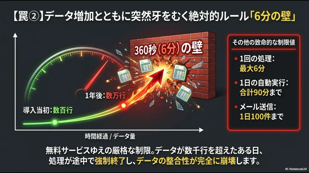 データ量の増加に伴い発生するGASの6分間実行制限（タイムアウト）とメール送信数等の主要な制限値の解説図