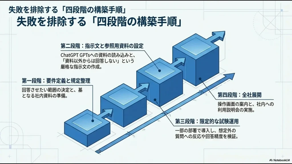 要件定義、資料設定、試験運用、全社展開の4つのフェーズで進めるAIヘルプデスクの構築ステップ