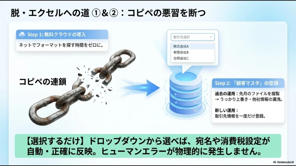 取引先をドロップダウンから選択するだけで、正確な情報が自動反映される新しい運用の仕組み図