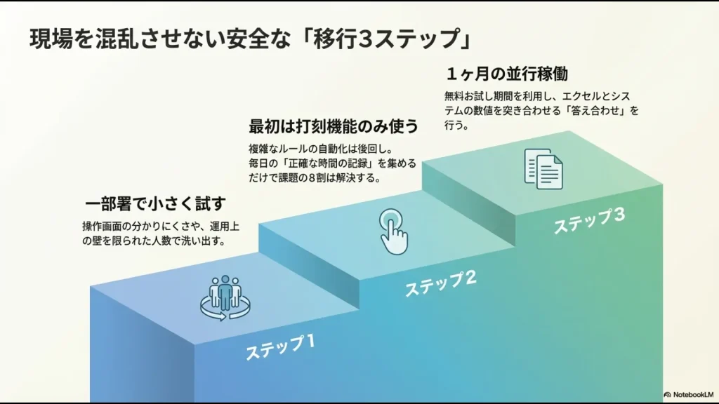 一部署での試行、打刻の自動化、1ヶ月の並行稼働という、勤怠システム移行を成功させるための3つのステップ。