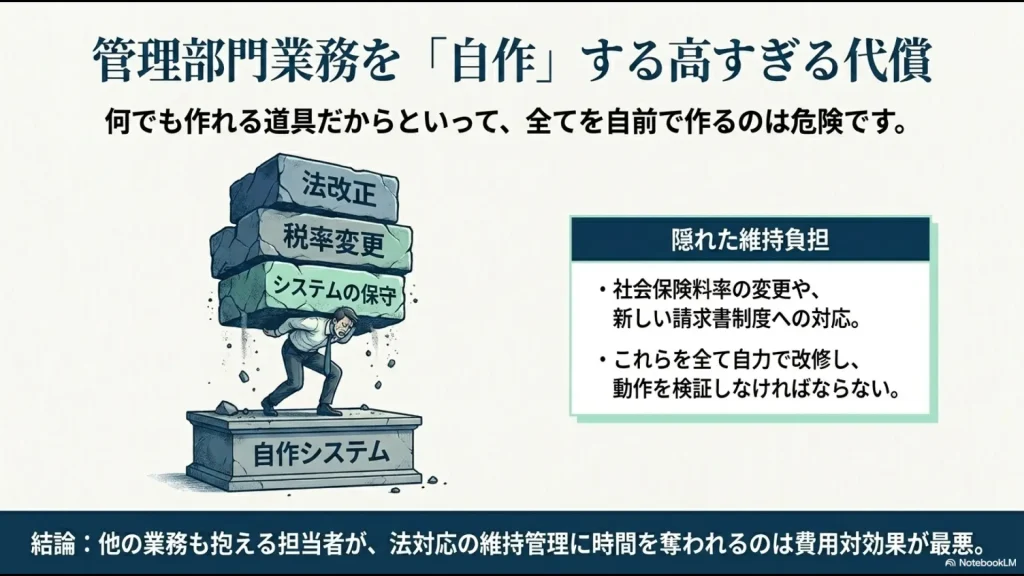 法改正や税率変更に伴うシステムの保守・改修作業が、担当者の大きな負担（隠れた維持負担）になることを示すイラスト