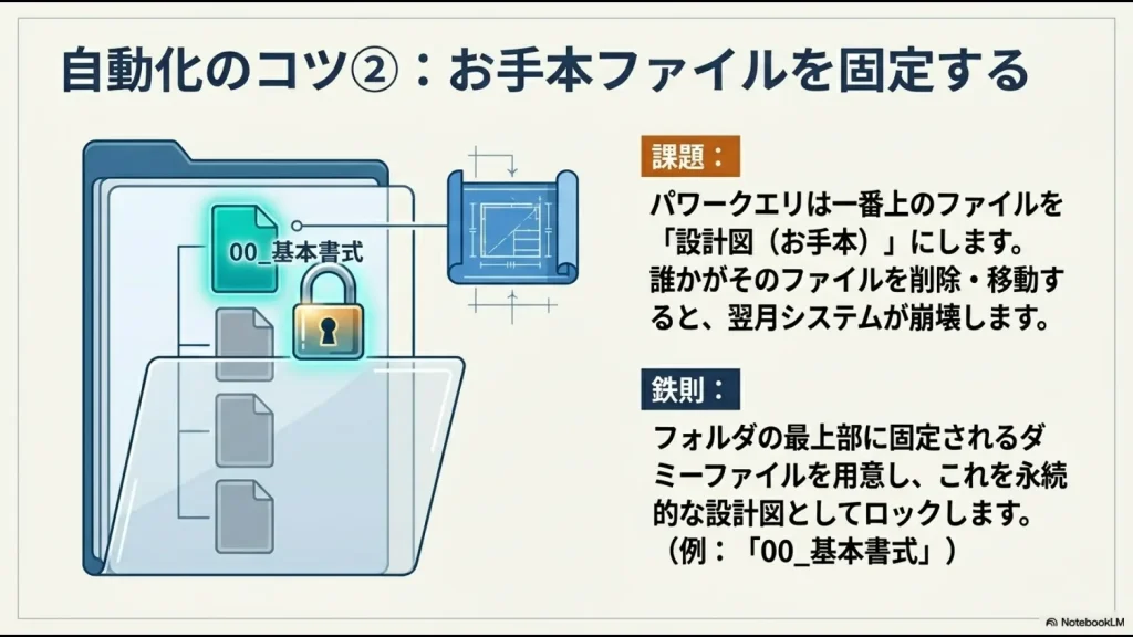 フォルダの最上部にダミーの設計図ファイルを固定してシステムの崩壊を防ぐ「00_基本書式」の活用例