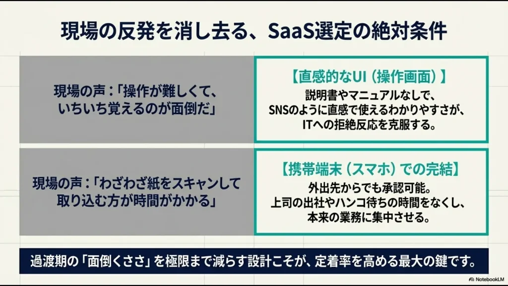 SNSのように直感的なUIと、外出先からスマホで承認が完結する利便性が、過渡期の「面倒くささ」を極限まで減らし定着率を高めることを説明しています。