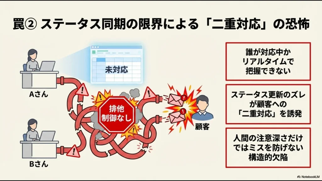 スプレッドシートに排他制御がないため、複数の担当者が同一の顧客に二重対応してしまう問題の図解