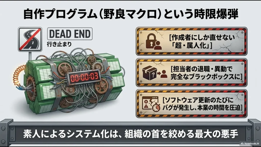 作成者にしか直せず、退職や異動でブラックボックス化する属人化ツールの危険性を示すイラスト