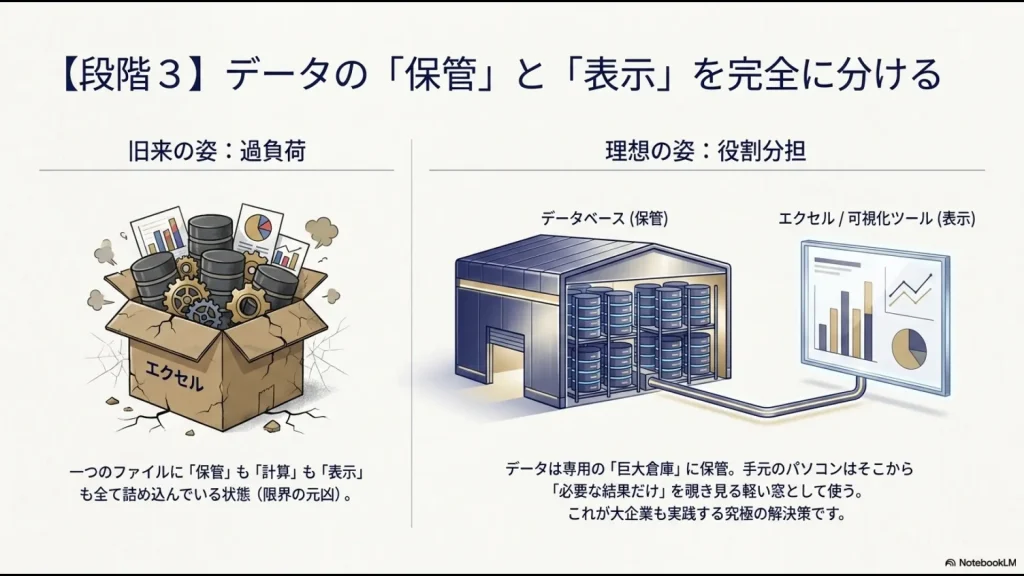 データベースという巨大倉庫と、表示用の窓としてのツールの図