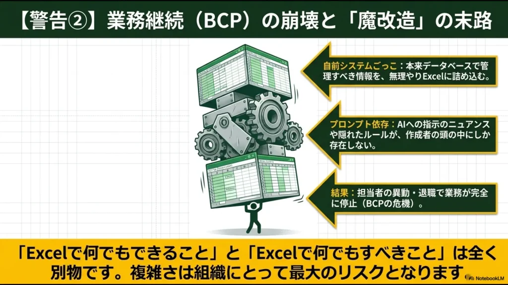 本来データベースで管理すべき情報を無理やりエクセルに詰め込むことの危険性を示すイラスト