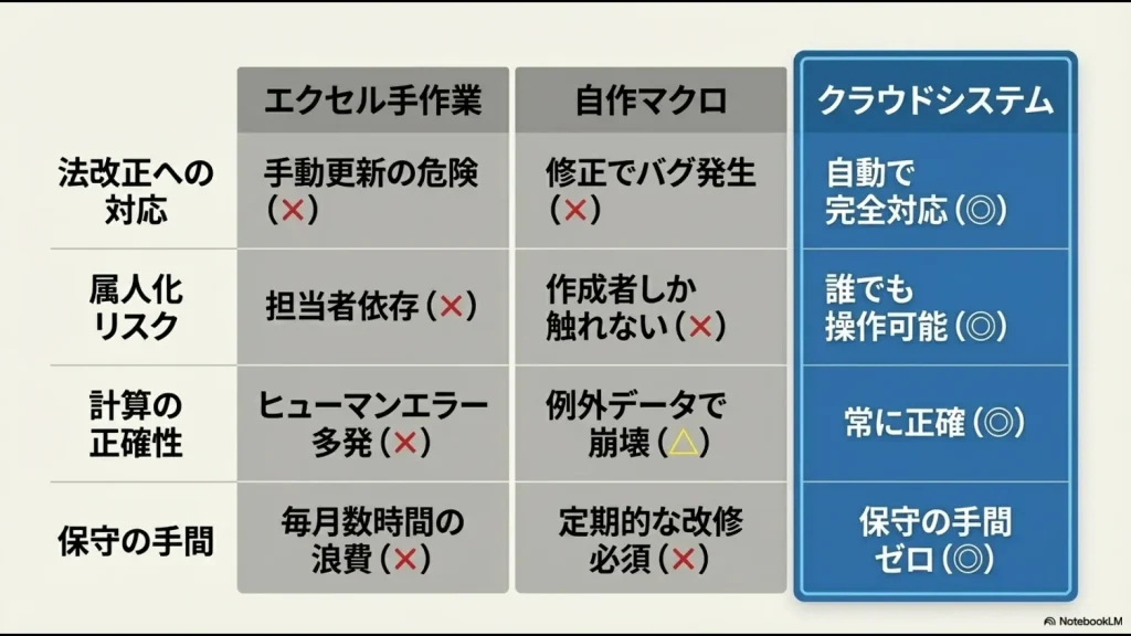 法改正対応、属人化リスク、計算の正確性、保守の手間の4項目でエクセル、マクロ、クラウドシステムを比較した表