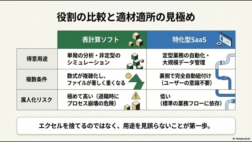 得意用途、複数条件の処理、属人化リスクの3項目でエクセルとSaaSの違いを明確化した比較表のスライド画像