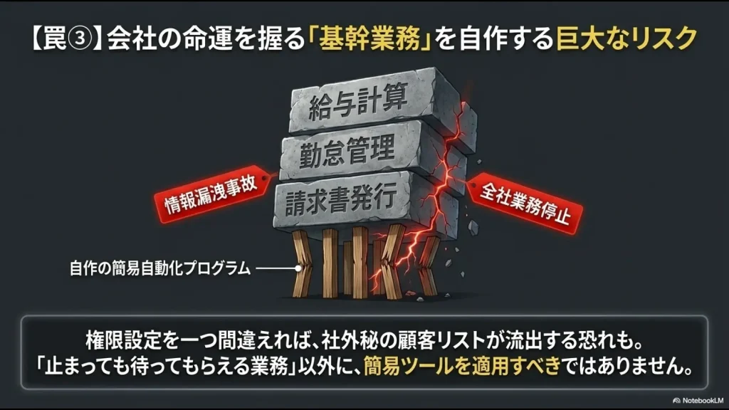 給与計算・勤怠管理・請求書発行を簡易プログラムで自作することによる情報漏洩と全社業務停止のリスク警告