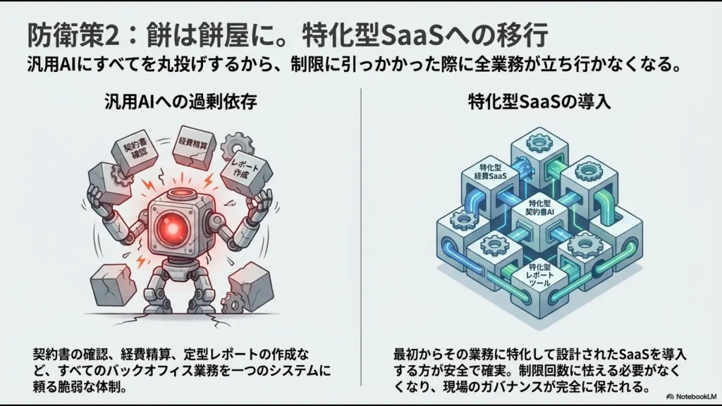 契約書確認や経費精算を汎用AIに丸投げする脆弱な体制から、各業務に特化したSaaSへ分散させる安全な設計図