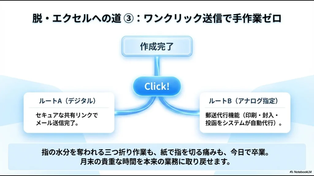 作成完了から、メール送信または郵送代行を選択するだけで発送が完了することを示す図