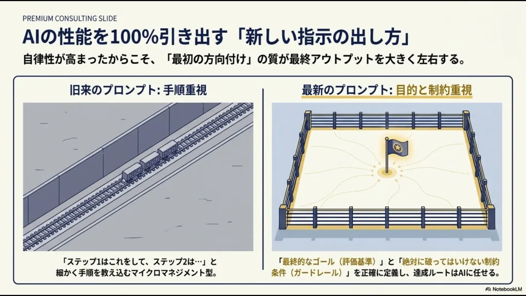 手順を細かく教え込む従来型と、最終ゴールと制約条件を定義してルートはAIに任せる最新プロンプトの設計思想の比較。