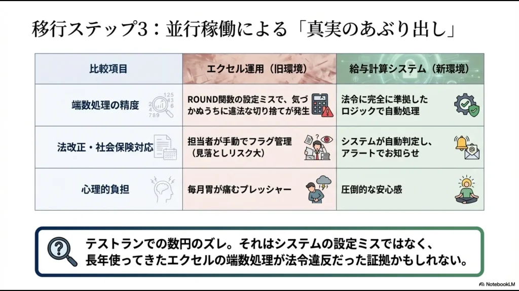 エクセルとシステムの計算結果を比較し、エクセル側の端数処理や法解釈の誤りを発見するプロセスの比較表