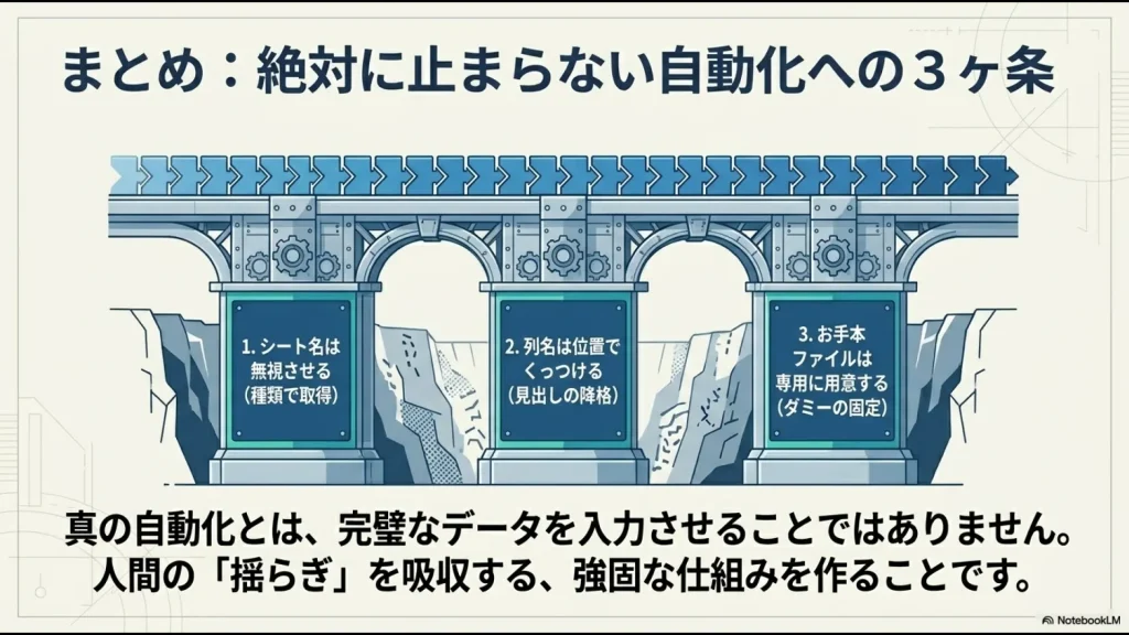 シート名無視、位置指定結合、お手本ファイル固定の3つのポイントをまとめた最終確認スライド