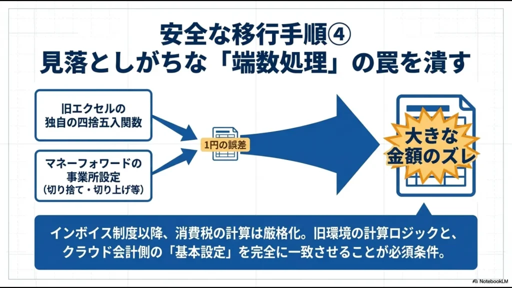 エクセルの四捨五入関数とマネーフォワードの事業所設定の不一致が1円の誤差を生むリスクの図解