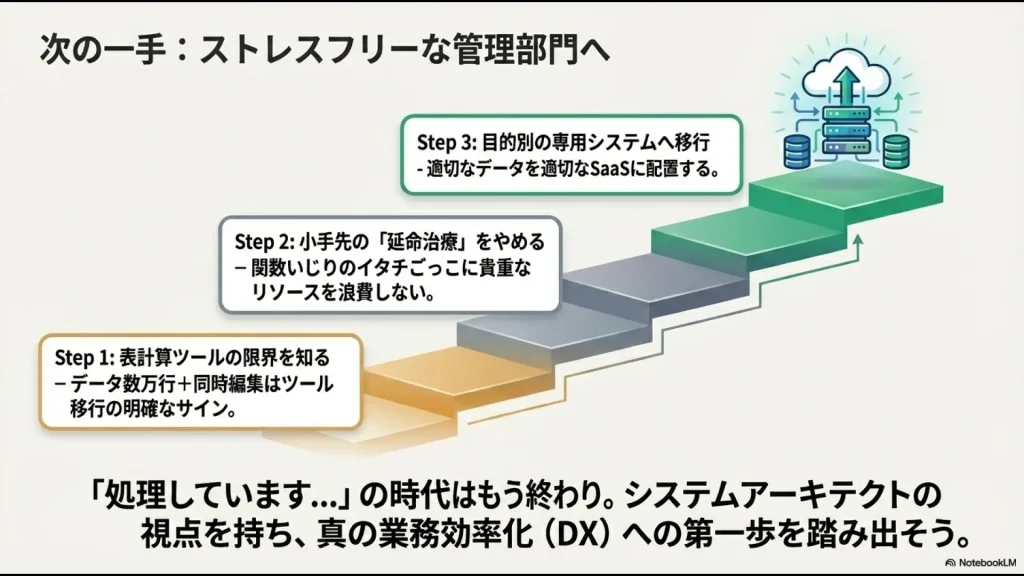 表計算の限界を知り、延命治療をやめて専用システムへ移行するための真の業務効率化（DX）ロードマップ