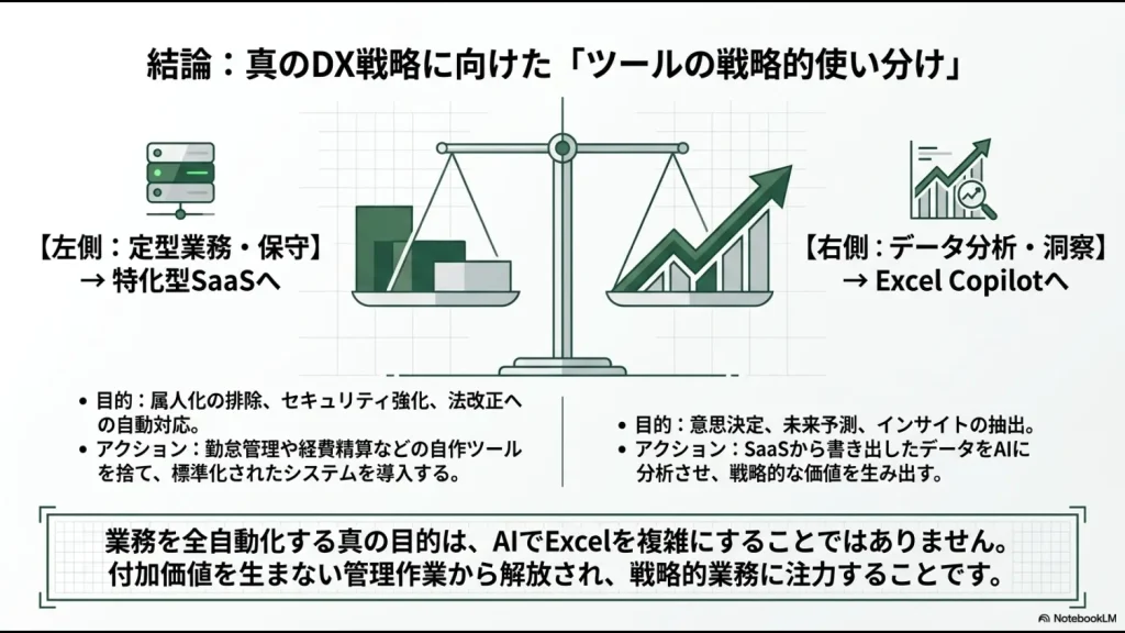 定型業務はSaaSへ、データ分析はCopilotへという、属人化を排除し付加価値を生むためのDX戦略図