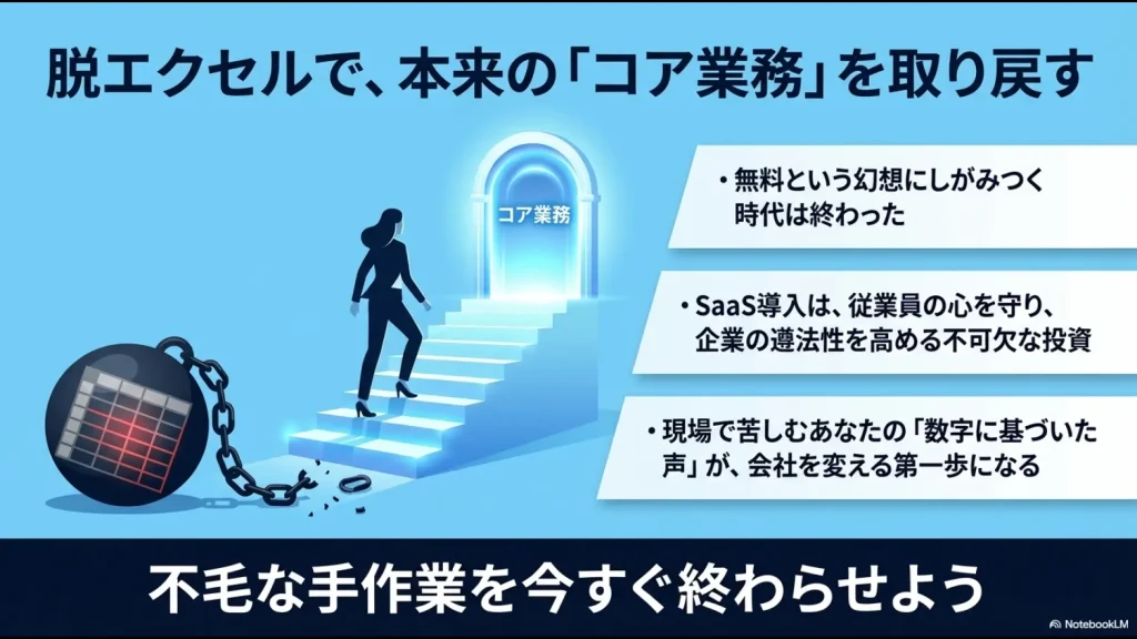 不毛な手作業という重石を断ち切り、階段を登ってコア業務へと向かうイメージ図