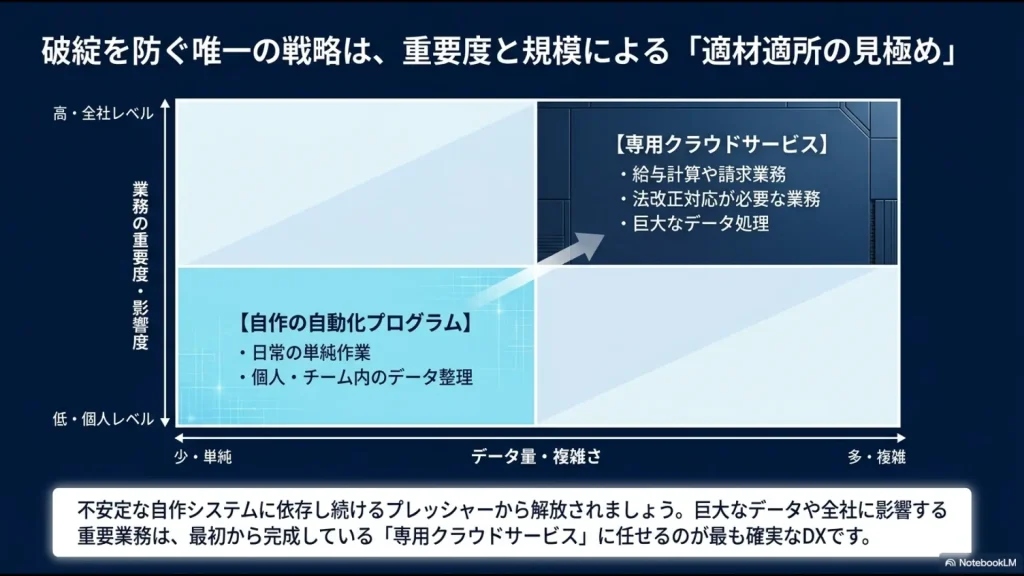 業務の重要度とデータ量に基づき、自作の自動化プログラムと専用SaaS（クラウドサービス）を使い分ける適材適所の判断基準