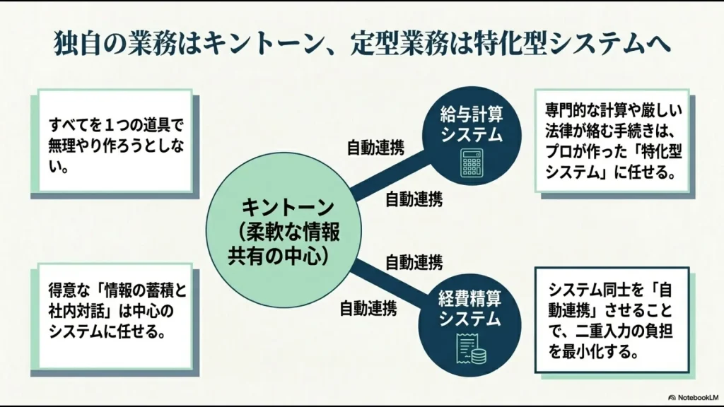 情報共有の中心となるkintoneと、給与計算や経費精算などの特化型システムを自動連携させる構成イメージ