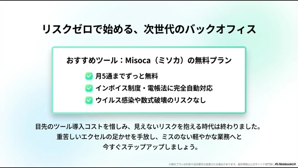 月5通まで無料で使え、インボイス・電帳法に完全対応したMisocaのメリットをまとめたスライド