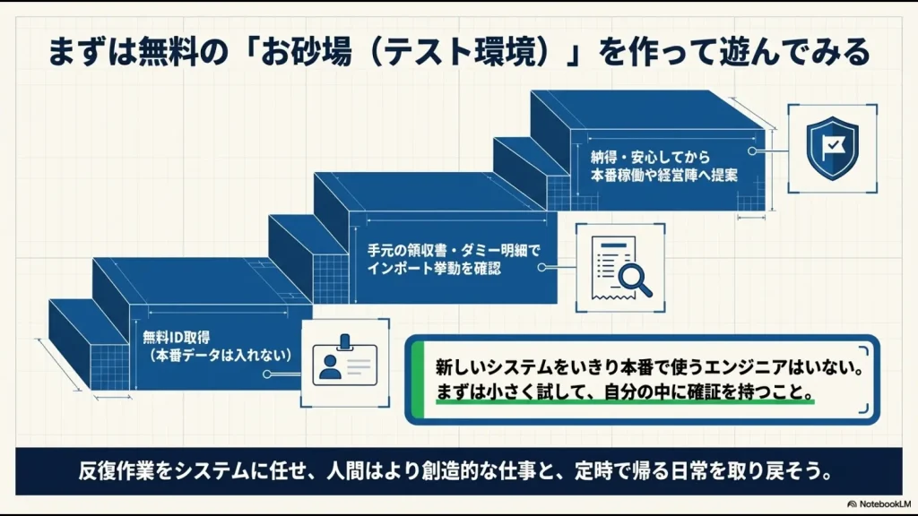 無料IDを取得し、ダミーデータで動作を確認してから本番稼働や経営陣への提案を行うステップ図