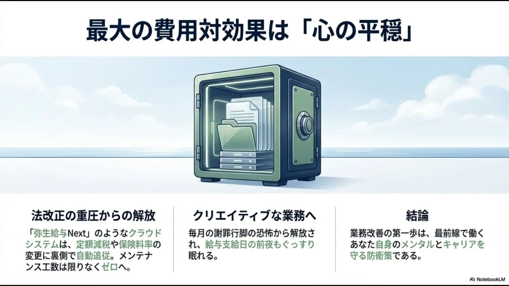 法改正への自動追従により、謝罪行脚の恐怖から解放され、クリエイティブな業務に集中できることを示す図解