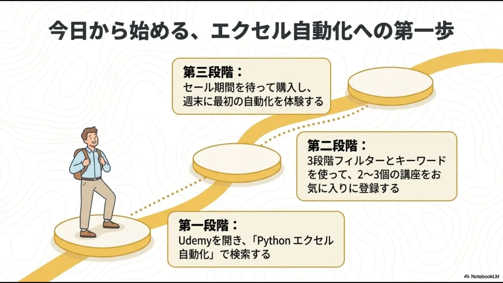 Udemyでの検索、お気に入り登録、セールでの購入と週末の自動化体験という、今日からアクションを起こすための3つの具体的な手順。